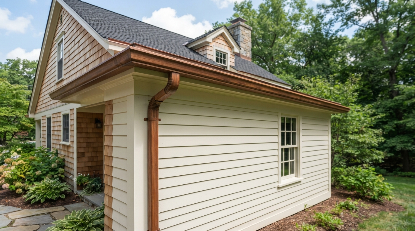Home exterior with rooflines and rain gutters surrounded by autumn trees